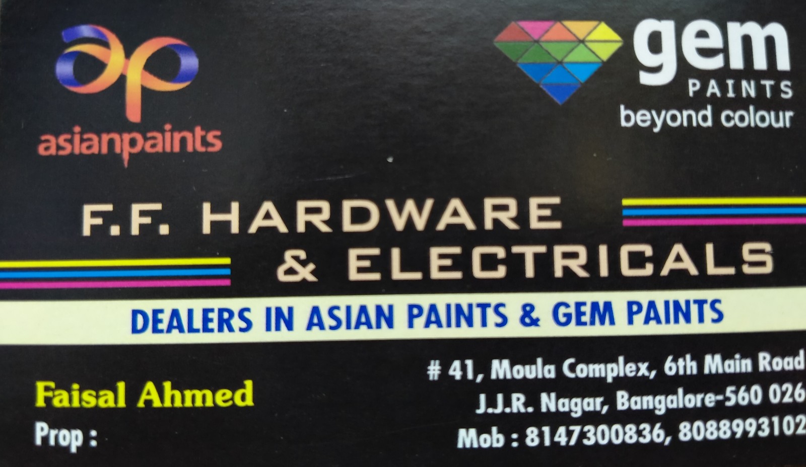 FF HARDWARE AND ELECTRICALS, BANGALORE, ALL ASIAN AND GEM PAINTS RANGE AVAILABLE