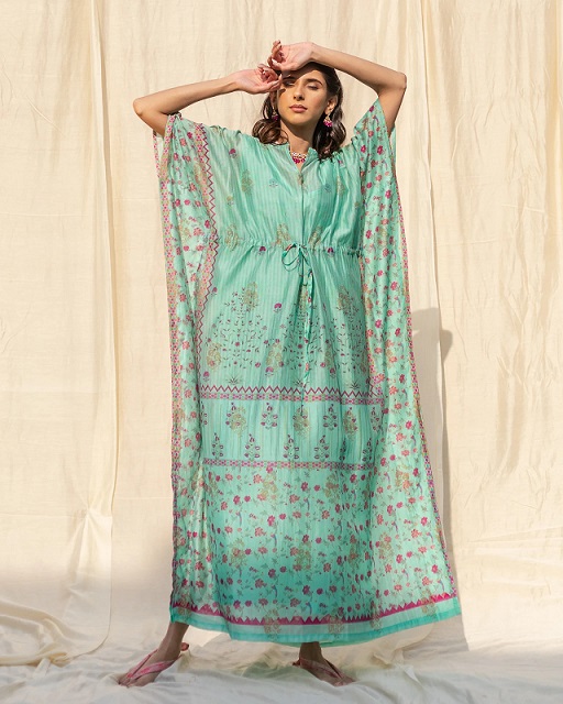 Best Blue Banarasi Kaftan, New Delhi, TheboozyButton is the Best Fashion Online Store in India, This Best Blue kaftan is Easy, breezy, flowy and comfortable kaftans to wear while lounging